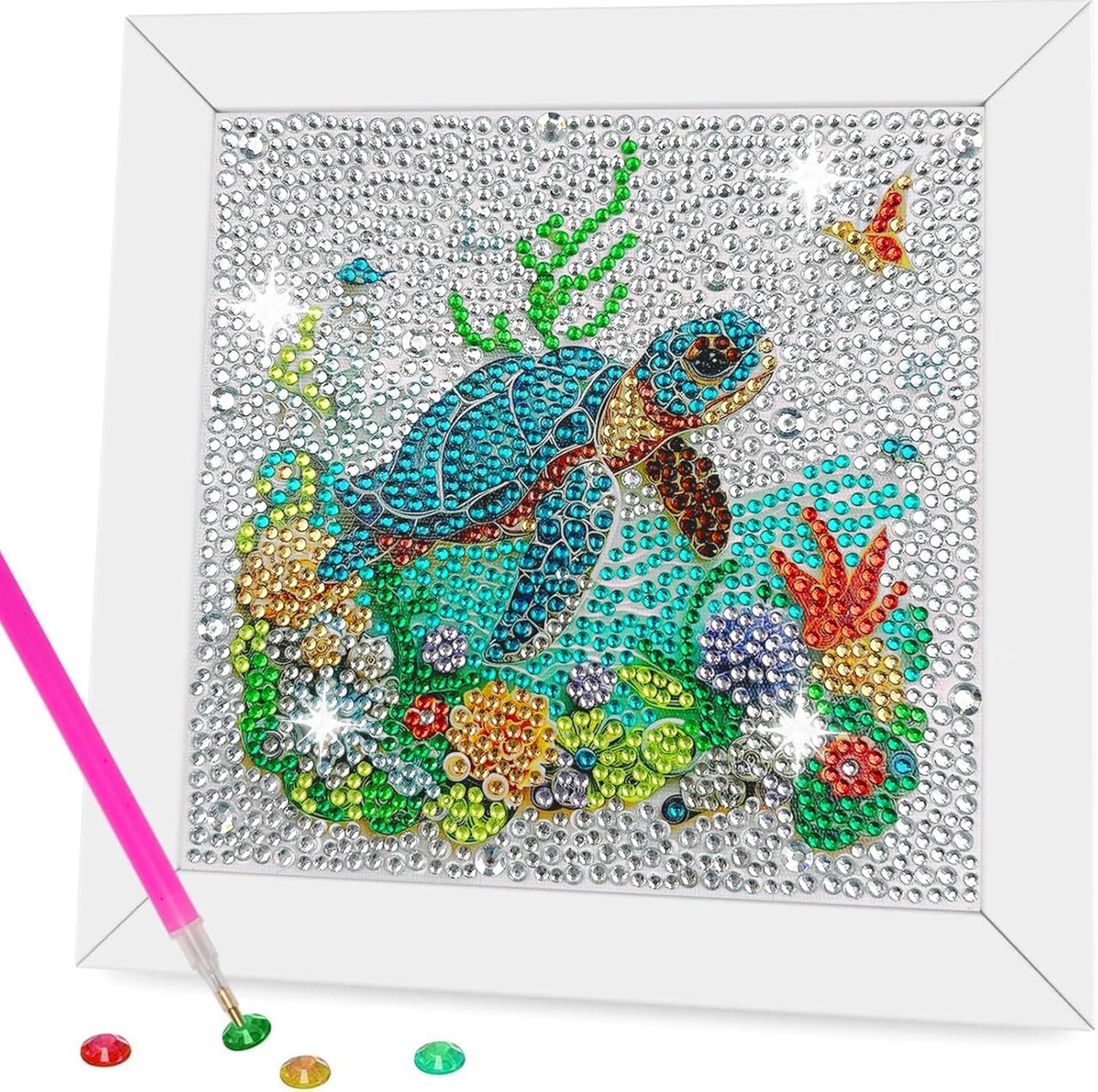 5D Sea Turtle Diamond Painting Kits for Kids Beginners with Wooden Frame,Full Round Drill Cute Turtle Diamond Art Kits for Children Girls Boys Ages 8-12,DIY Kid Big Gem Art,Home Wall Decor 6x6 Inch